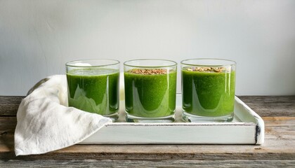 Canvas Print - Three glasses of vibrant green smoothie, topped with various seeds. Healthy and refreshing!