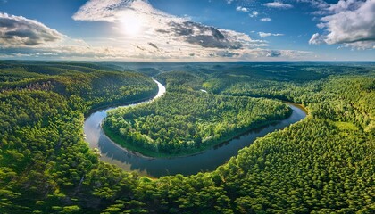 Canvas Print - Serene aerial view of a river winding through lush green forest under a bright, sunny sky.