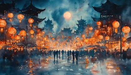 Wall Mural - vibrant watercolor painting a night bazaar with lanterns and lively crowds