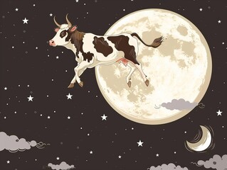 Wall Mural - cow flying past the moon in a night sky with stars