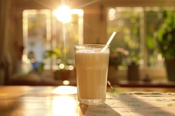 Wall Mural - Glass of Milk with Straw on Table in Sunny Room