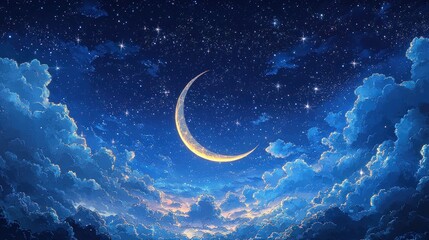 Wall Mural - Crescent moon, starry night, fluffy clouds.