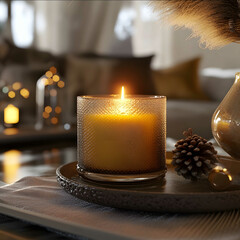 create a modern elegant environment with an aromatic candle and decoration that conveys freshness ultrarealistic highresolution image