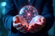 © NEW - A person in a suit holds a glowing crystal ball, emanating light and energy, symbolizing insight and the power of knowledge.