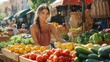 © smartcat - Vibrant Farmers Market Scene with Woman and Vendor Interacting in Bright Colors Selling Fresh Produce