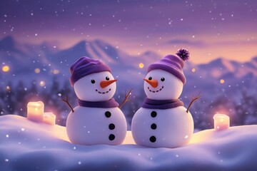 Wall Mural - two cute snowmen enjoying winter wonderland at night with falling snow and candles