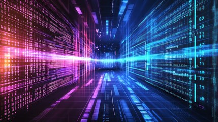 Data stream tunnel, digital code, vibrant colors, futuristic background, tech concept