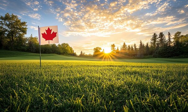 Canadian flag on golf course at sunrise