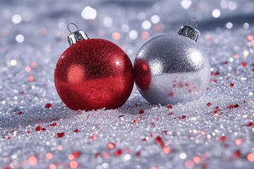 Wall Mural - Shimmering Silver Baubles on Snow with Festive Red Sparkle Background