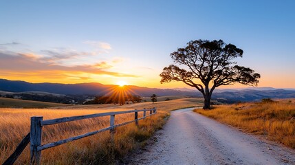Wall Mural - serene countryside sunset a picturesque landscape with golden hues