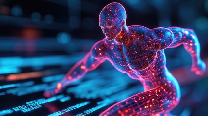 Digital human running on data streams, futuristic tech background