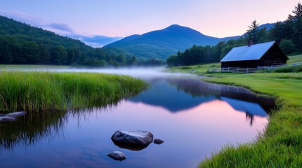 Canvas Print - Serene Mountain Lake Cabin at Sunrise with Misty Reflections