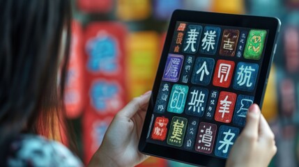 Woman Using Tablet App in Vibrant Asian Street Setting