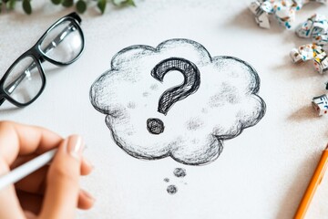 Aufkleber - A minimalist design of a person with a small thought bubble containing a question mark, drawn with simple black lines and a soft pastel background