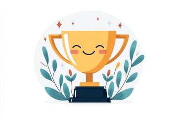 Leinwandbilder - A minimalist illustration of a trophy with clean, bold lines and a simple smiling face engraved on it, set against a plain white background