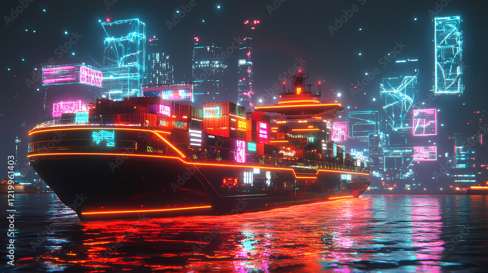 Night scene: electric cargo ship illuminated by neon lights, digital ...