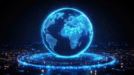 Global network digital sphere, city background