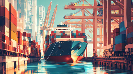 Wall Mural - A cargo ship docked at the port, surrounded by cranes and containers, with workers busy unloading. Electric Harbor. Illustration