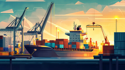 Wall Mural - A cargo ship docked at the port, surrounded by cranes and containers, with workers busy unloading. Electric Harbor. Illustration