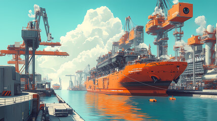 Wall Mural - A futuristic electric cargo ship docked at a port, powered by renewable energy sources. the ship is unloading goods with the help of electric cranes. Electric Harbor. Illustration