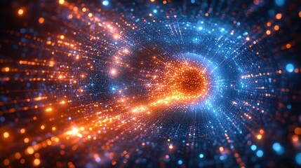 Fototapete - Dynamic Abstract Tunnel of Light with Flowing Particles for High Speed Digital Data Transfer