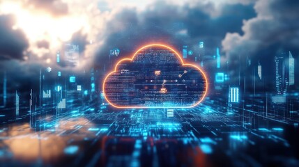 Futuristic Digital Cloud Landscape with Data Streams and Technology Icons