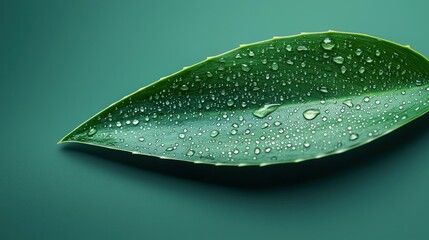 Dew-kissed leaf on green backdrop; nature, purity