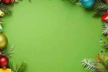 Wall Mural - Christmas tree branches adorned with colorful ornaments and decorations on a green background