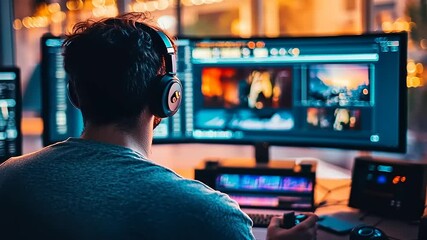 Man with Headphones Editing Video on Multiple Monitors in a Dark Room
