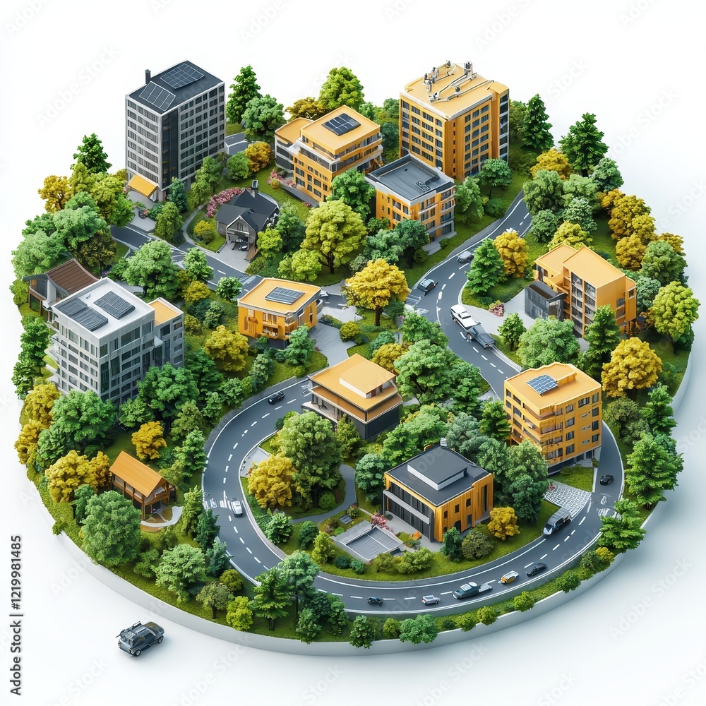 Clean 3D icon of a sustainable design team building an eco-road, aerial ...