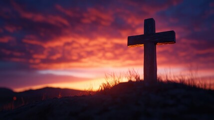 Wall Mural - Sunset cross hilltop faith hope prayer