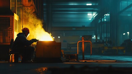 Wall Mural - A man is working in a factory with a lot of smoke and heat