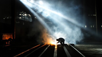 Wall Mural - A man is working in a dark, smoky environment