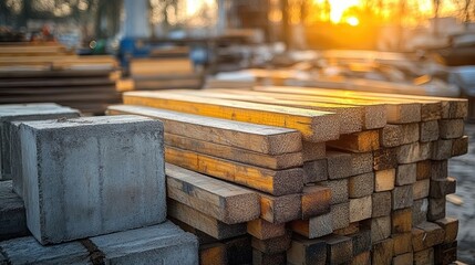 Construction Materials Stacked at Worksite with Steel Beams Concrete Blocks and Wood Planks