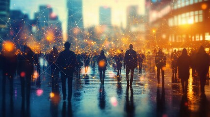 Crowd in a Smart City with Digital Network Connections and Surreal Lighting