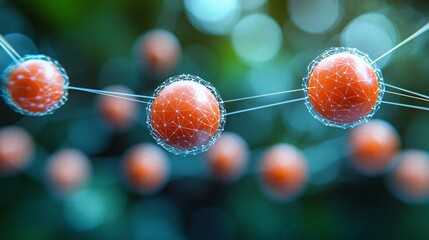 Orange spheres connected with thin lines in a blurred bokeh background, concept image