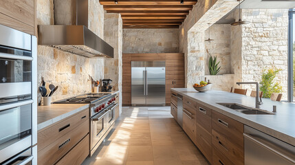 Wall Mural - Modern Rustic Kitchen Interior Design With Stone Walls and Wood Cabinets