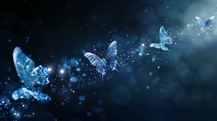 Poster - Ethereal glowing blue butterflies flying in a mystical, starry night background