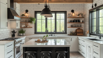 Wall Mural - Modern Farmhouse Kitchen Interior Design With White Cabinets