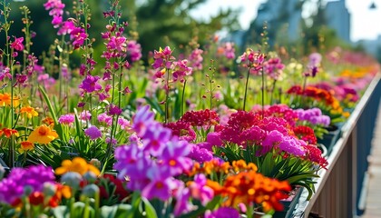 Vibrant flower display urban garden nature photography bright environment close-up perspective floral diversity