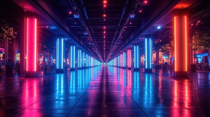 Wall Mural - Vibrant urban corridor illuminated by colorful neon lights, bustling with activity in the background