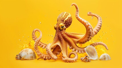 Wall Mural - A vibrant and playful image of an octopus with its tentacles outstretched, surrounded by seashells and water splashes, against a bright yellow background.