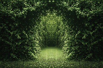 green hedge tunnel path in symmetrical garden with mysterious background