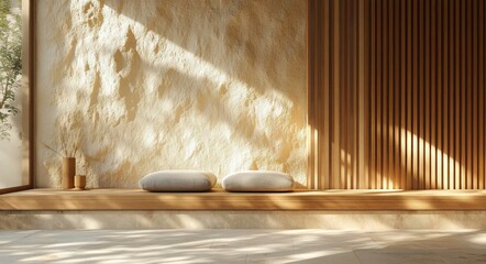 Aufkleber - Concrete Tabletop with Wooden Wall Panels in Minimalist Interior for Product Display and Presentation
