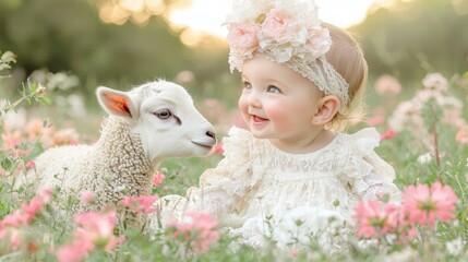 Poster - A happy child and a lamb in a field of flowers. AI.