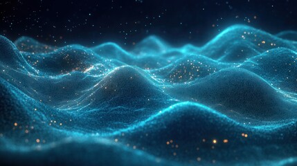 Poster - Dynamic Abstract Gradient Wave of Turquoise Particles in Futuristic Digital Landscape