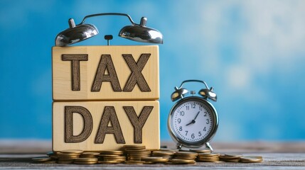 Photograph of TAX DAY text made from wooden blocks with an alarm clock and coins on the table, against a blue sky background.