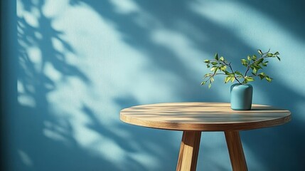 Aufkleber - Wooden Round Table Against Blue Wall with Dramatic Shadows in Modern Scandinavian Design