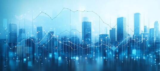 Poster - Line chart statistic data finance business economy market visualization with city skyline background. Generative AI technology.	
