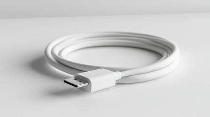 white hdmi cable coiled on white surface, minimalist background, tech product shot